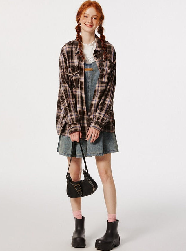 Retro Plaid Langarm japanischer Hemdjacke