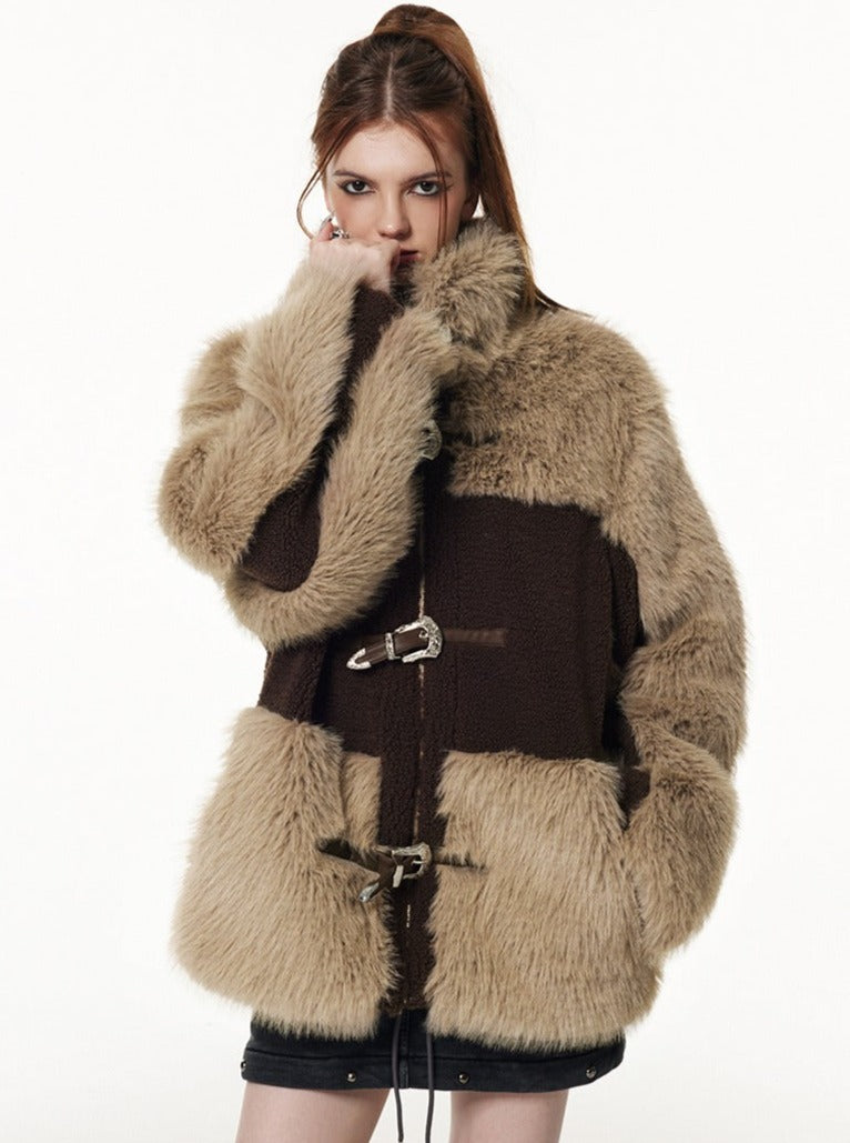 Wool stitching imitation mink fur coat jacket