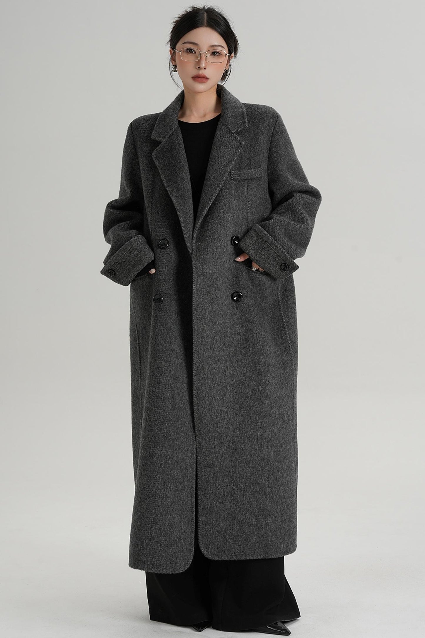 Turn-Sleeve Suit Collar Long Wool Coat
