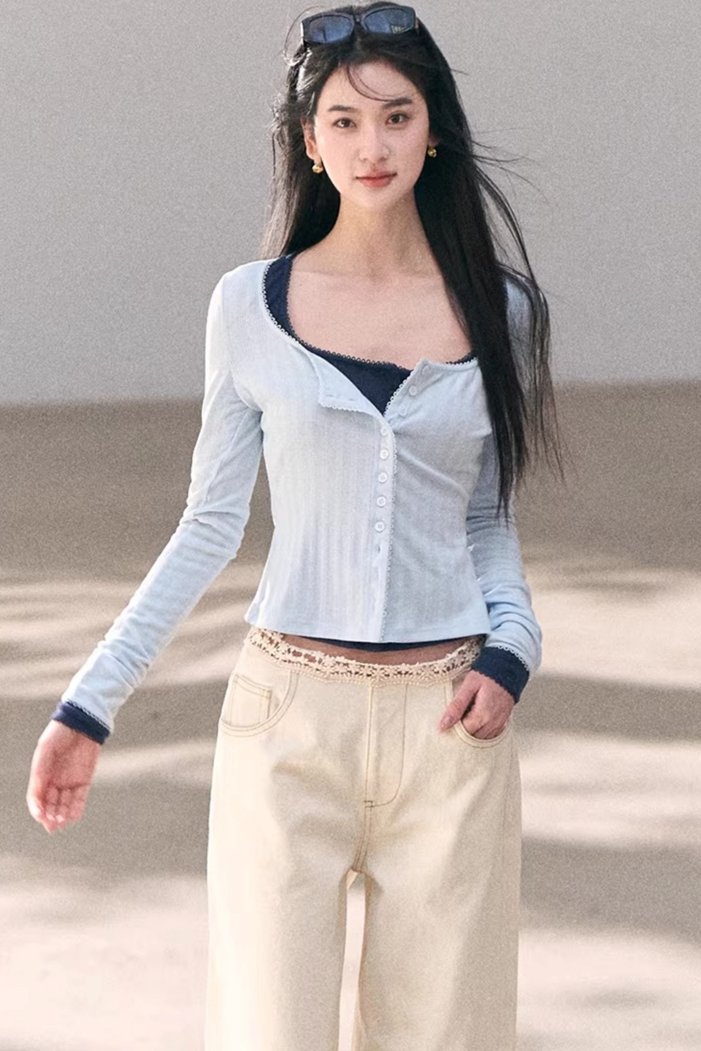 Washed Wide-Leg Lace Pants