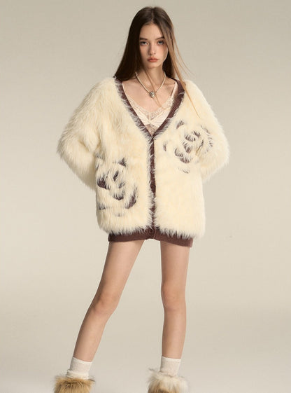 V-Neck Knitted Eco-Fur Lazy Jacket