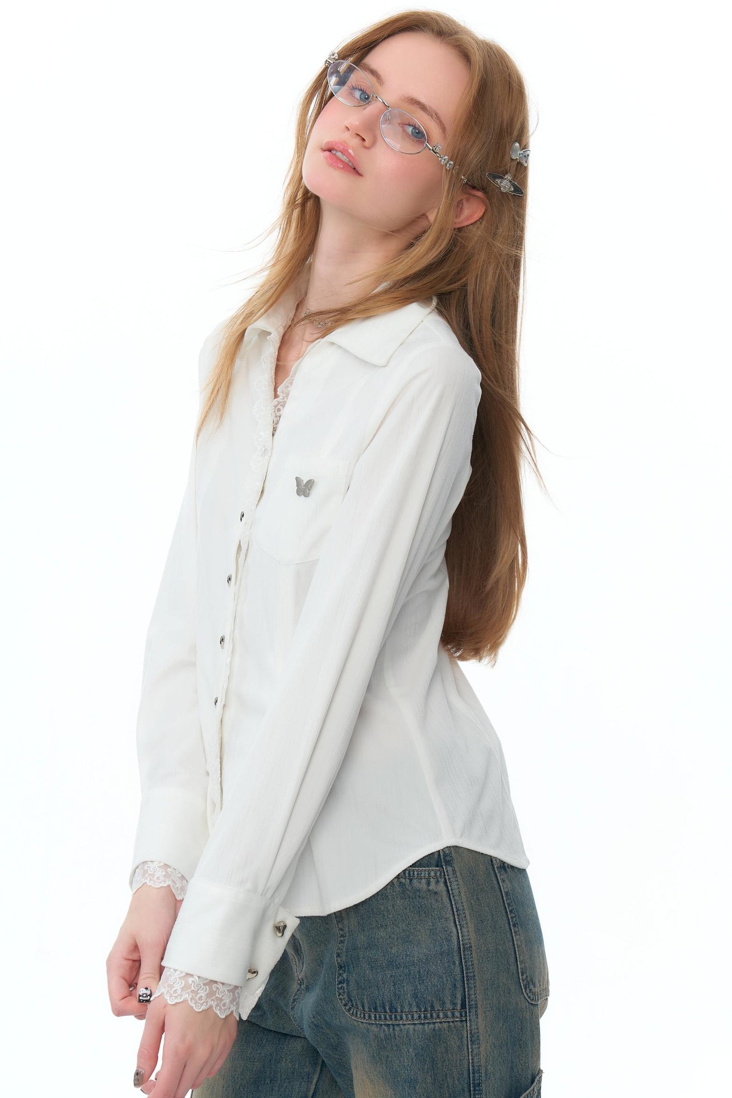 White Slim Lace Long-Sleeve Shirt