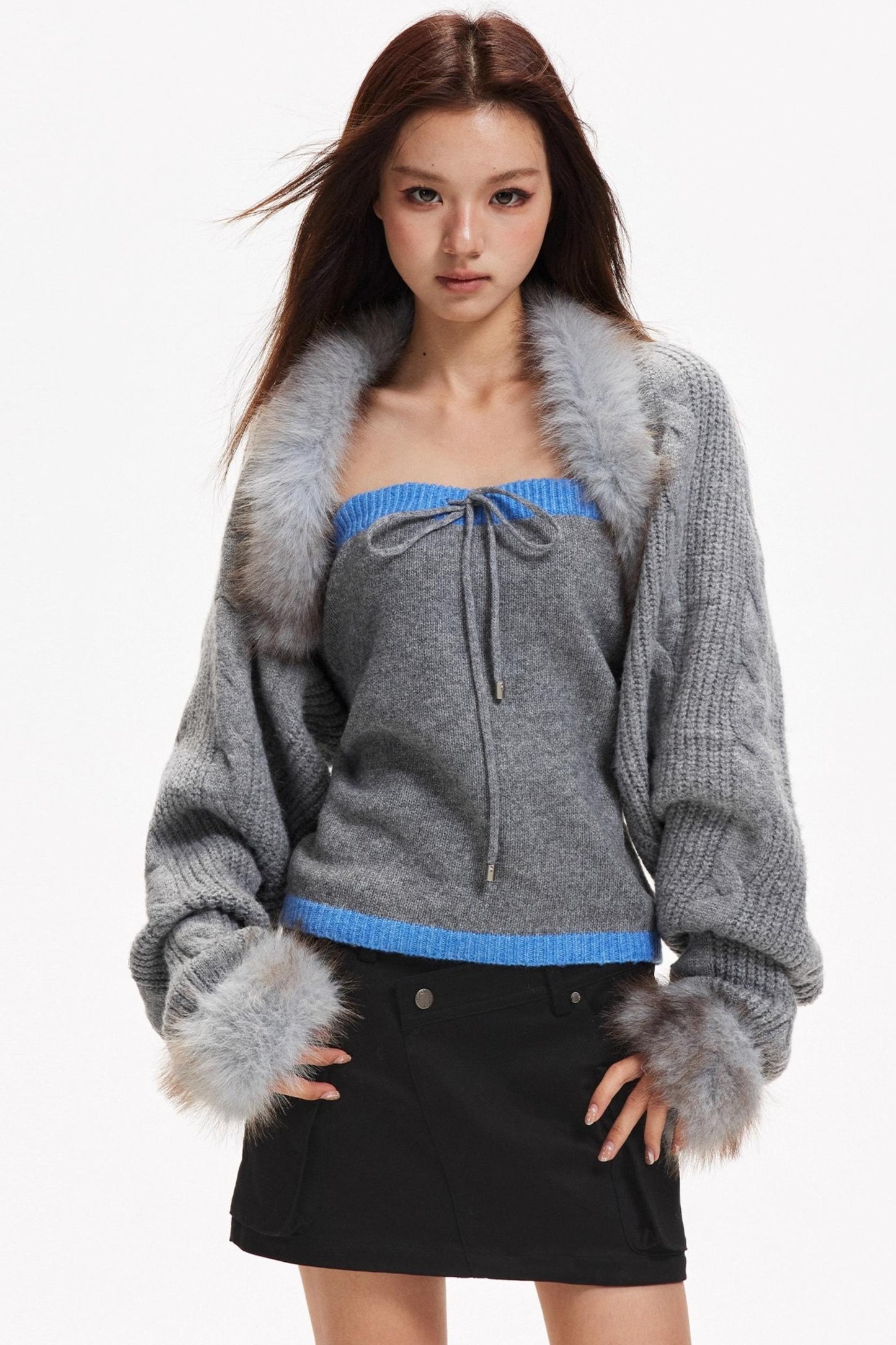 Contrasting Knit Cardigan Set