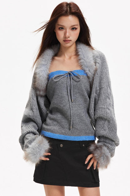 Contrasting Knit Cardigan Set