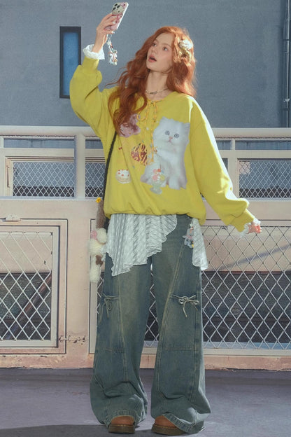 American Retro Cat Print Sweatshirt