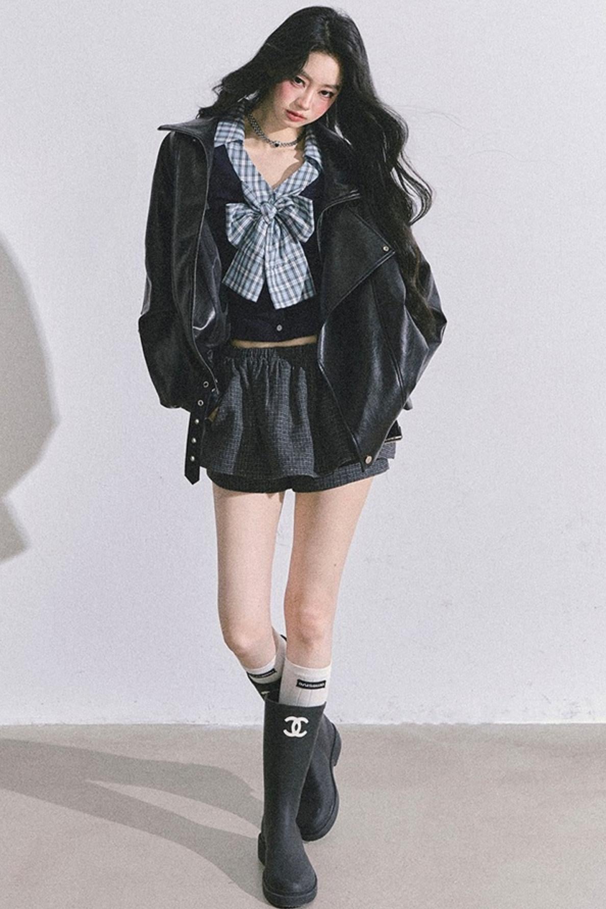 American Long-Sleeved Bow Plaid T-Shirt