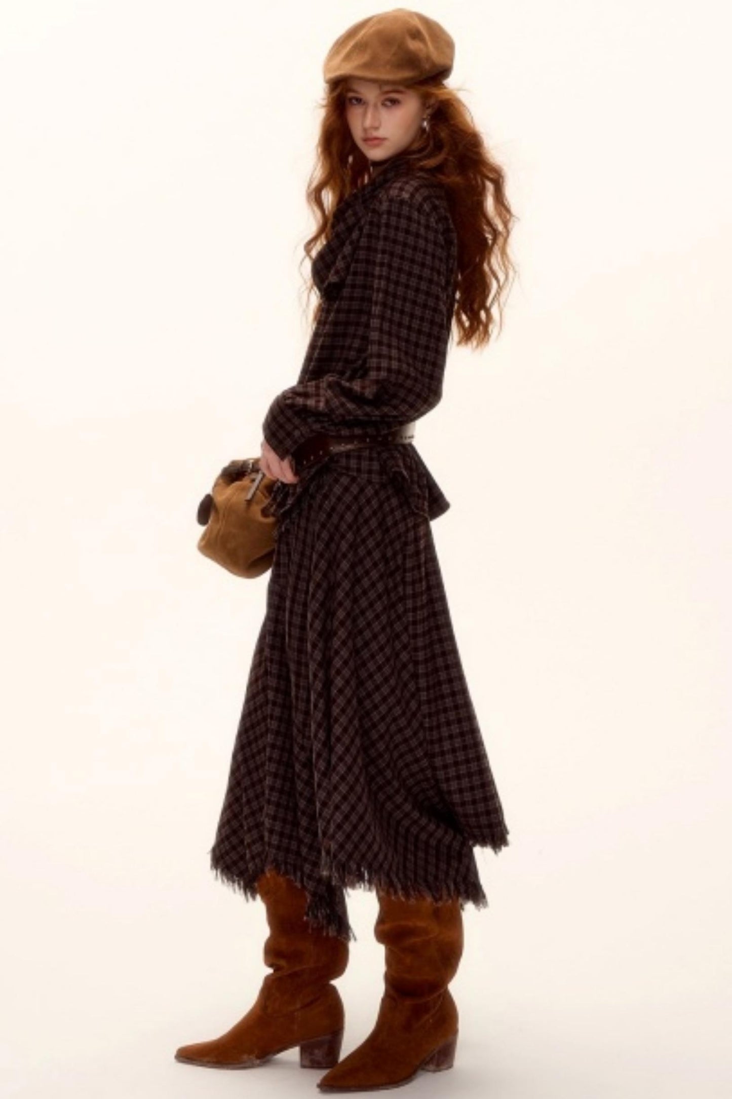 Frayed Hem Plaid Midi Skirt Belt Set