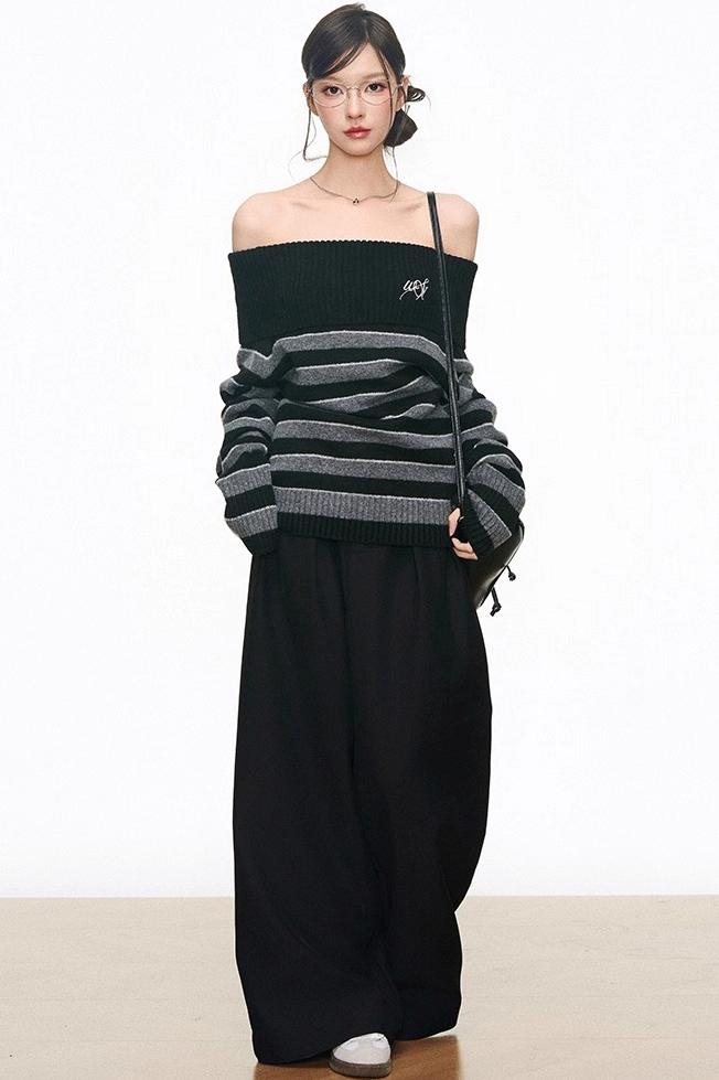 Lazy Striped One-Shoulder Sweater & Wide-Leg Pants Set-Up
