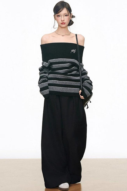 Lazy Striped One-Shoulder Sweater & Wide-Leg Pants Set-Up