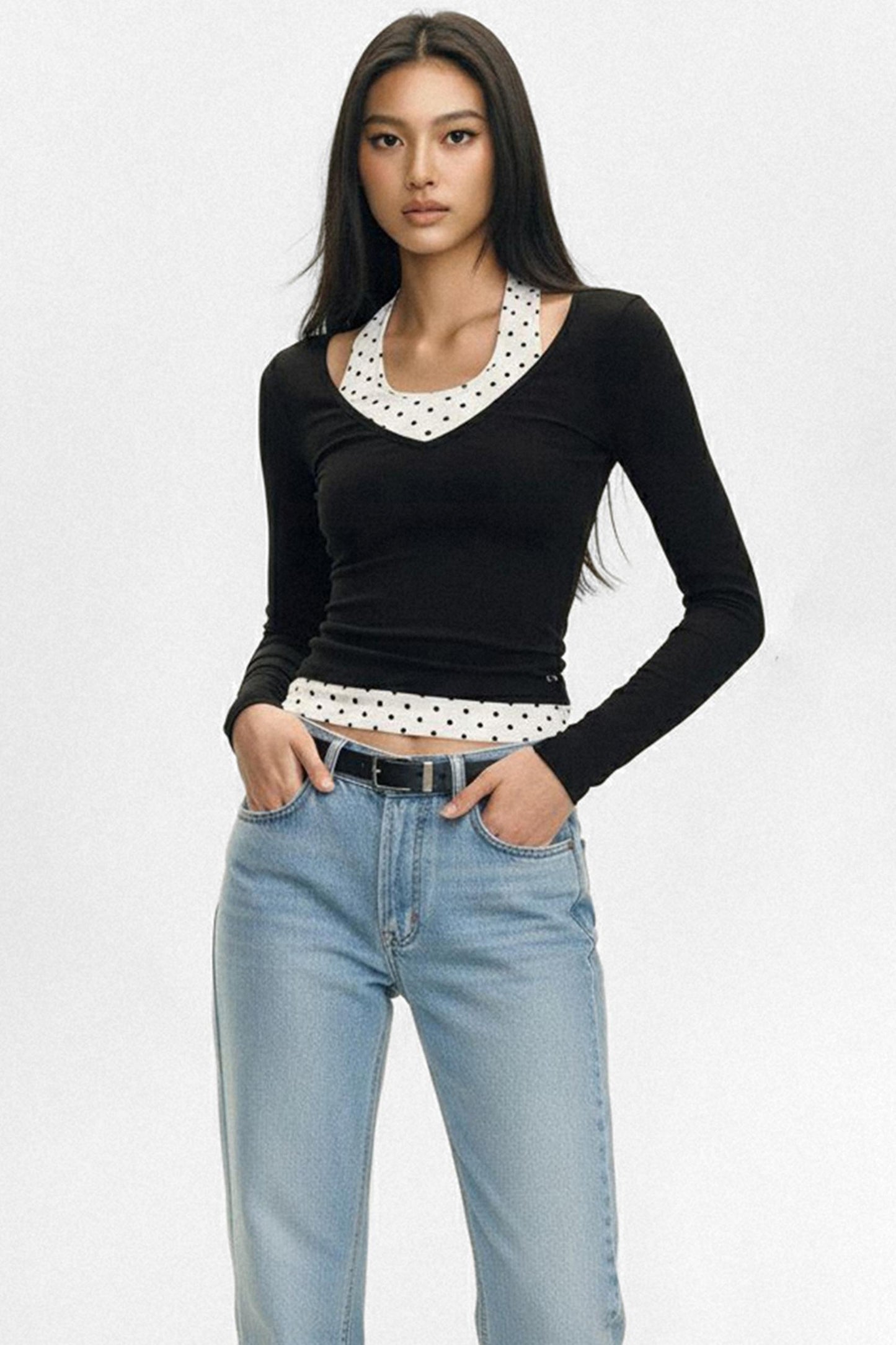 Polka Dot V-Neck Layered T-Shirt Set