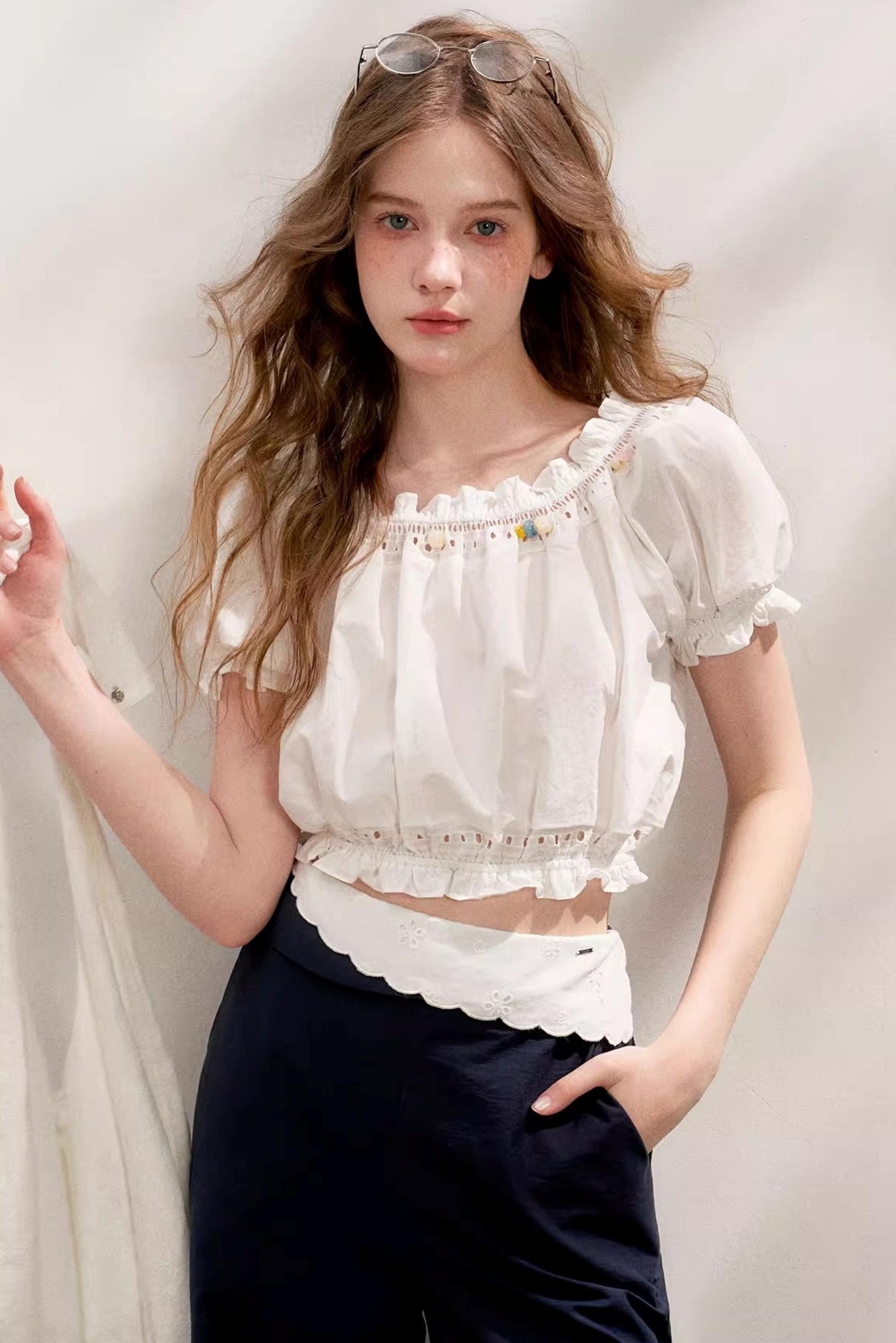 Colorblock Cotton Lace Wide Leg Pants