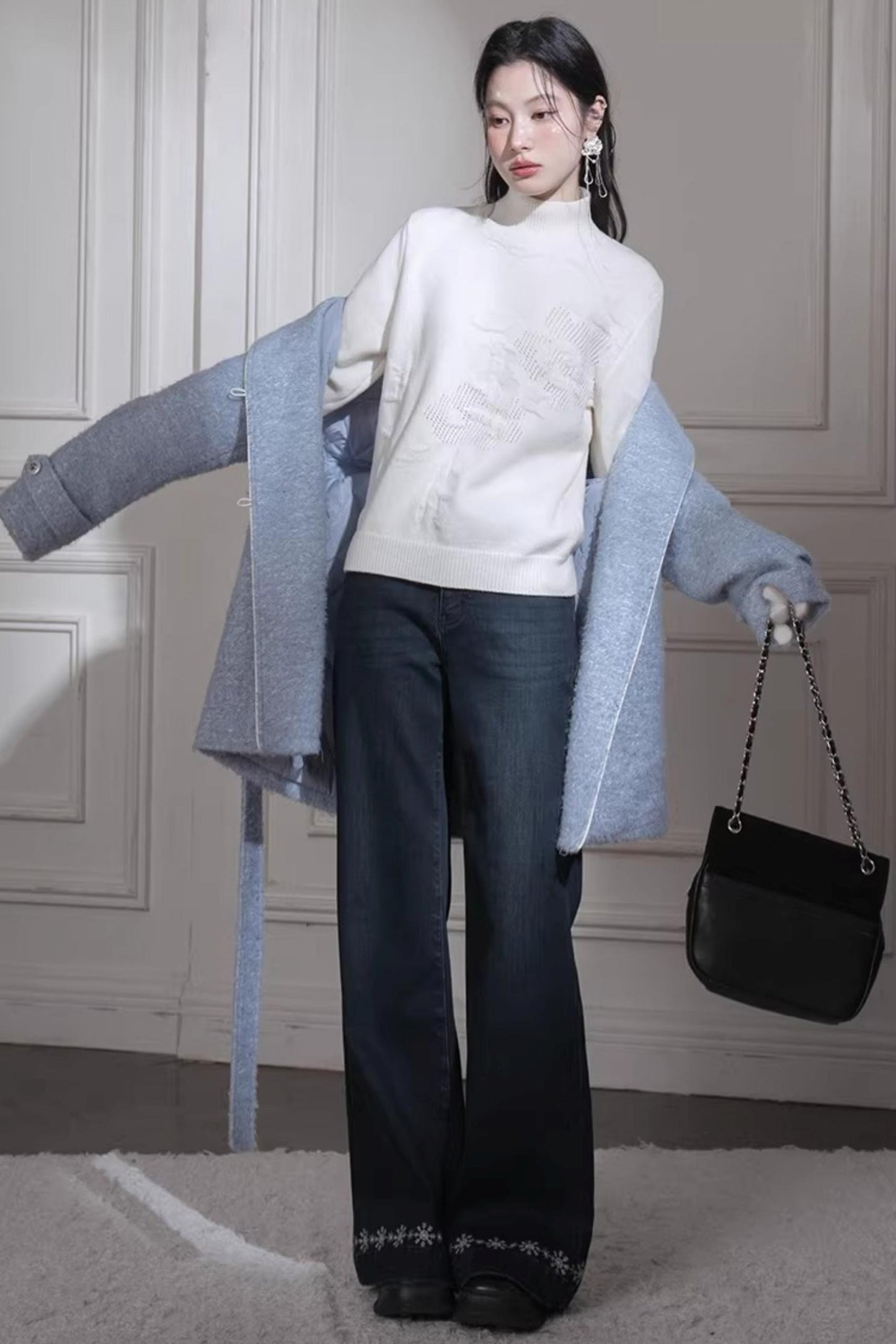 Milky White Floral Wool Sweater