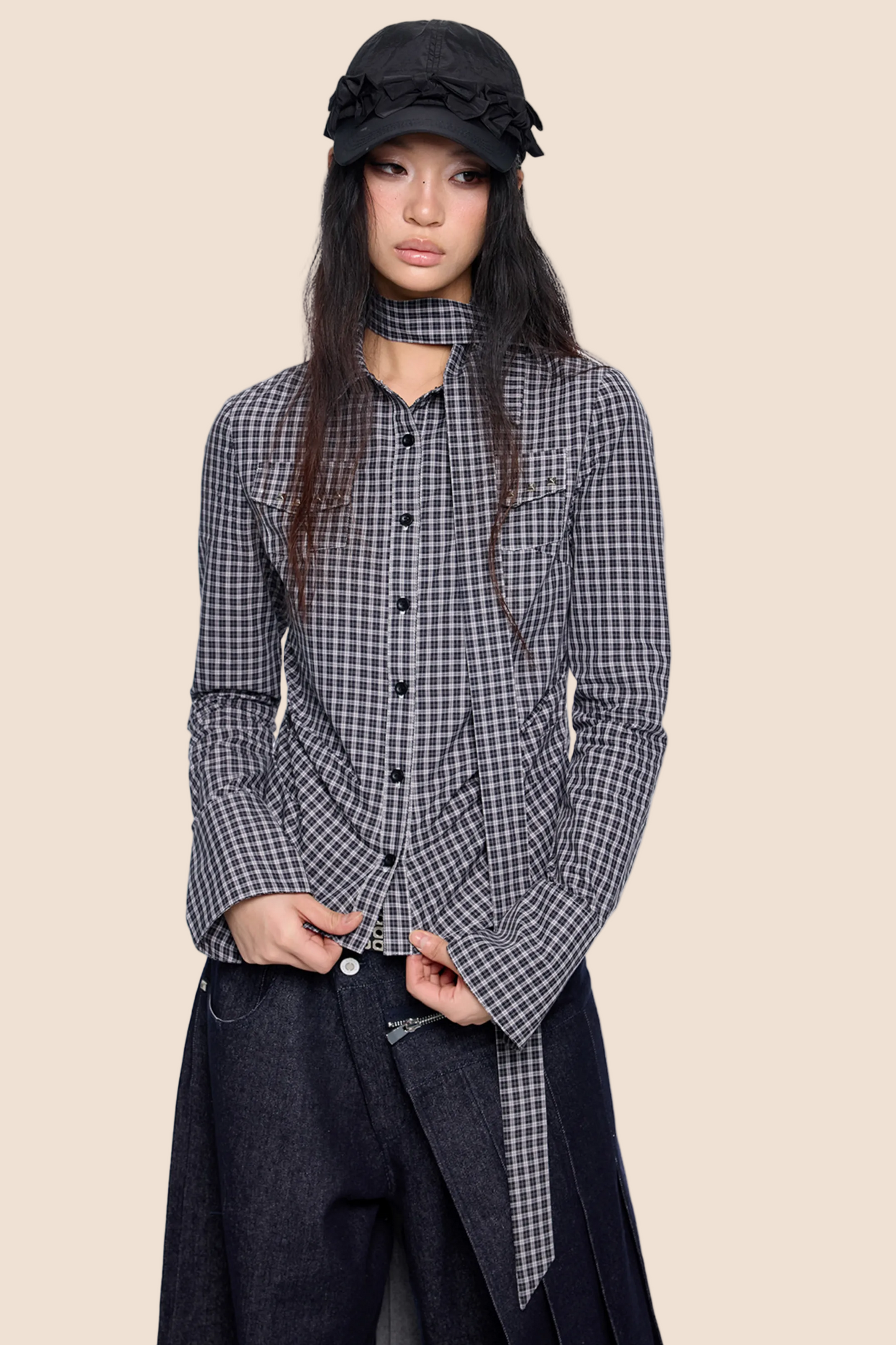 Plaid Lace-Up Bow Blouse