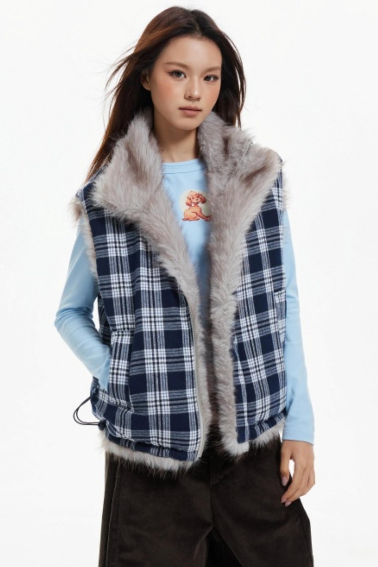 Plaid Lined Fur Vest Reversible Jacket