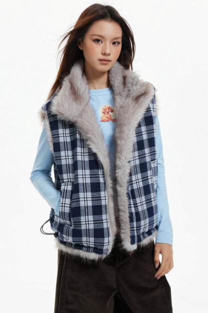 Plaid Lined Fur Vest Reversible Jacket