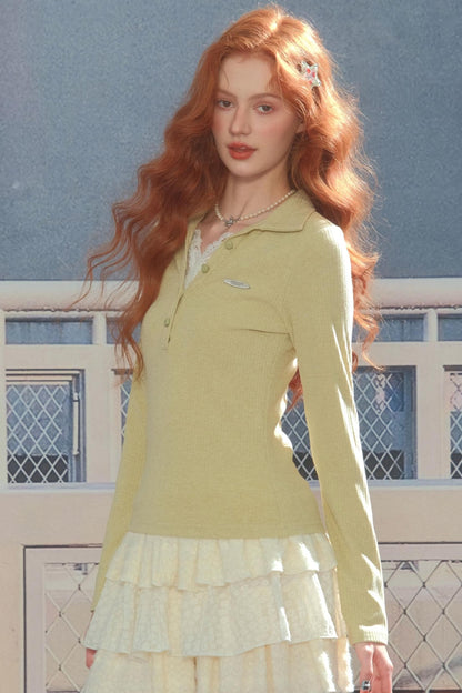 American Lace Polo Collar Knit Top