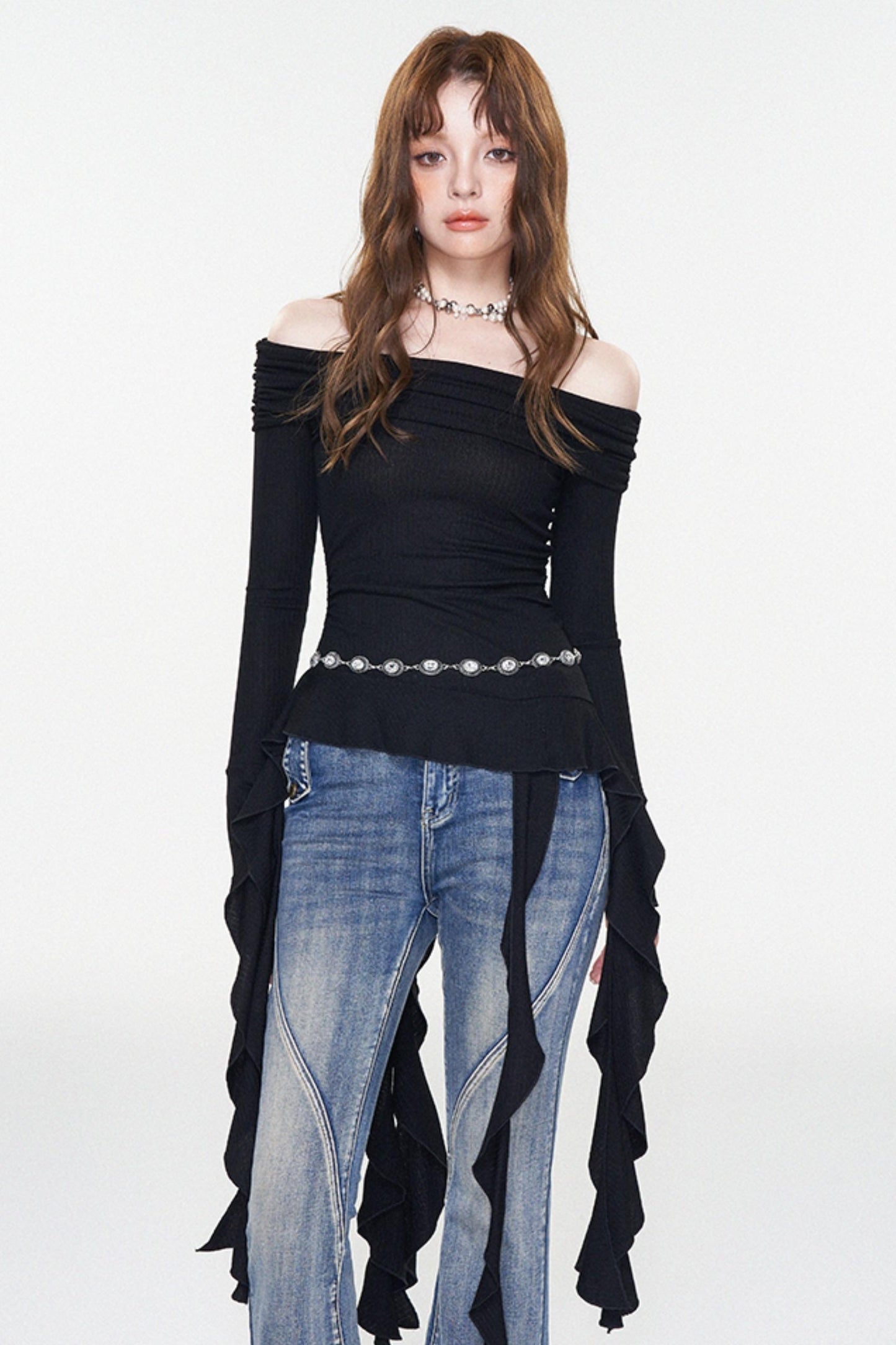 Ruffle One-Shoulder Glitter Top