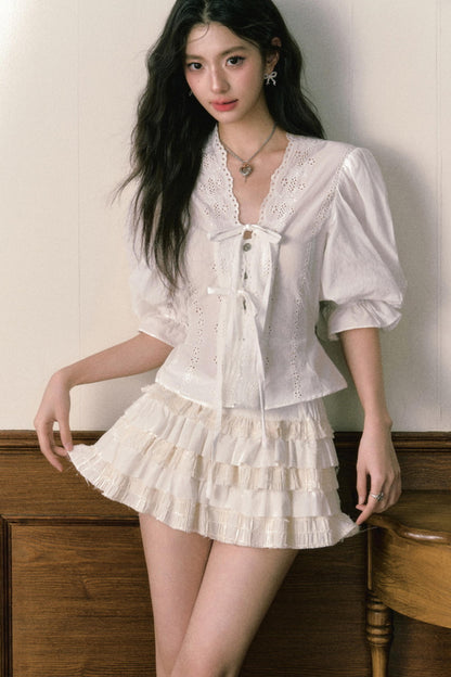 Bubble Sleeve Two Piece Cake Skirt Set-Up