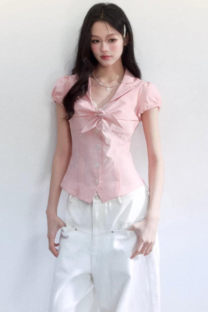 Textured Hollow-Out Tie-Up Blouse Set-Up