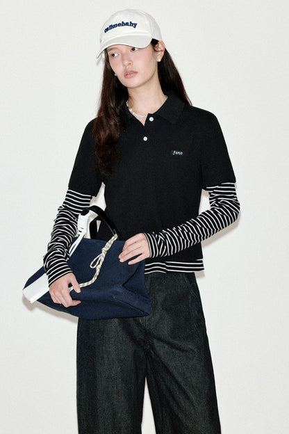 Retro Striped Polo Long-Sleeved Top