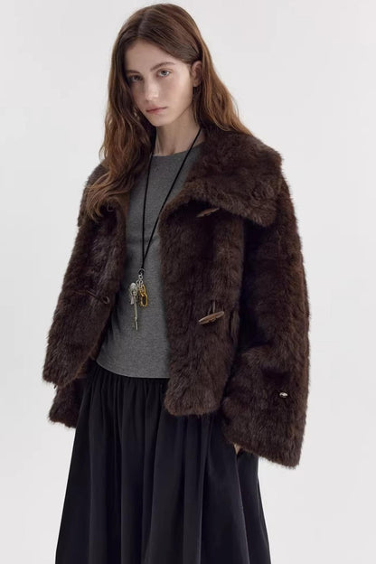 Imitation Horn Button Faux Fur Jacket