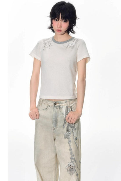 Original Patch Print Short Sleeve Summer Top