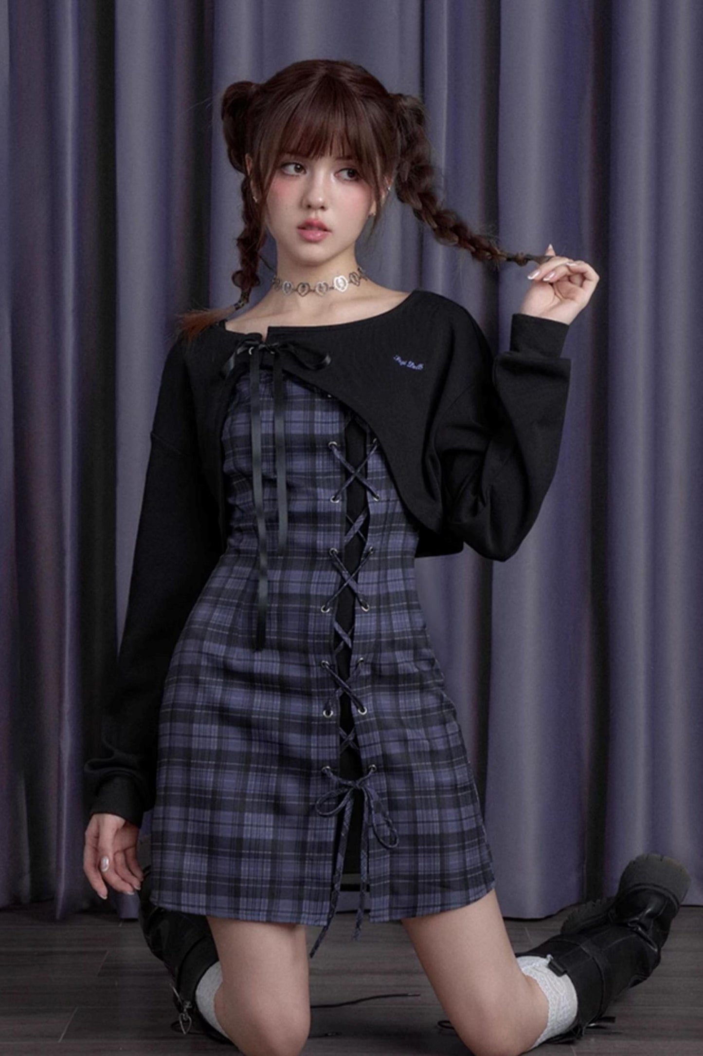 Slim Blueberry Checkered Dress Set