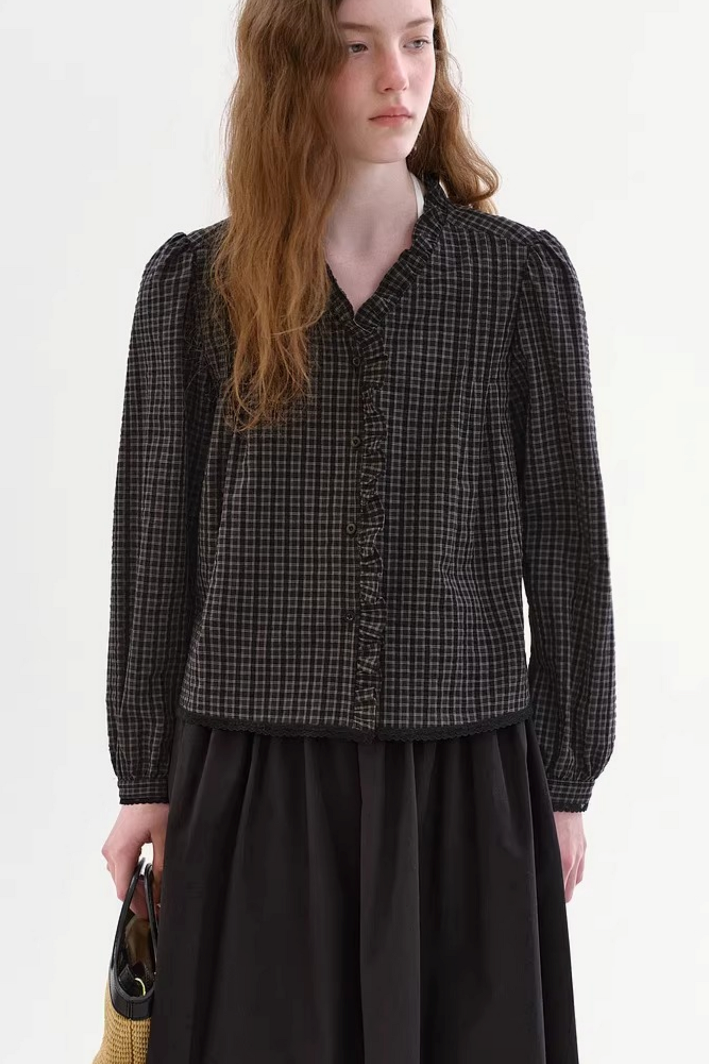 레트로 레이스 체크 블라우스