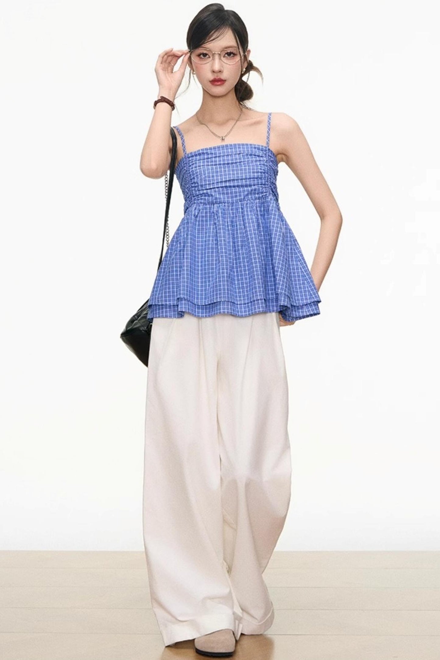 Plaid Strapless Top & White Pants Set-Up