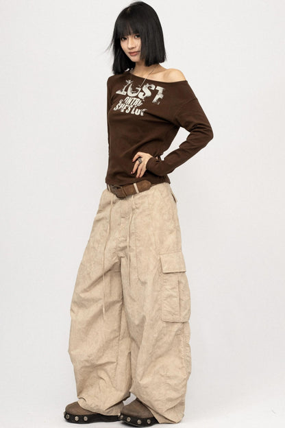 Monogram Print Off-Shoulder Slim T-Shirt