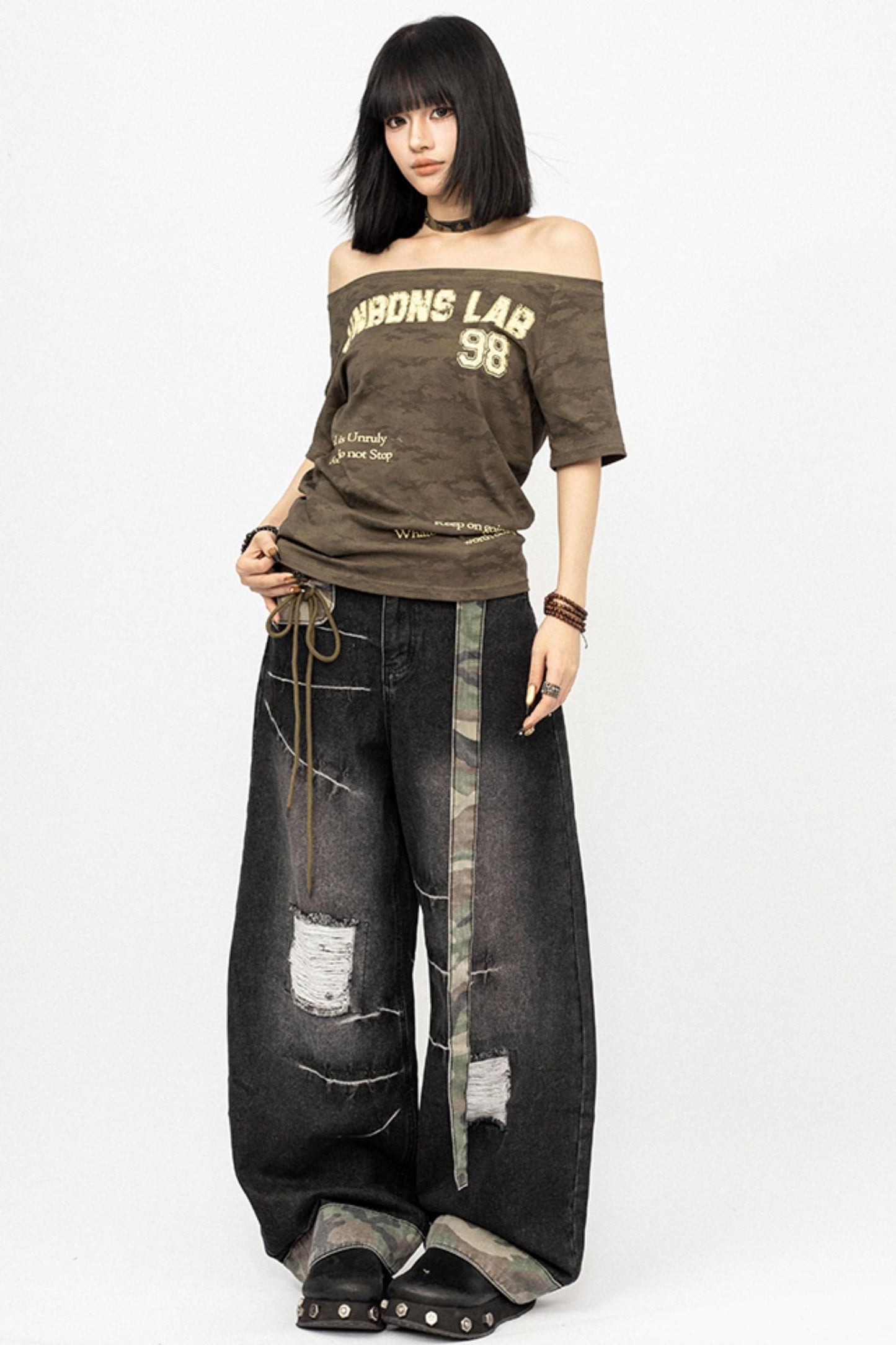 American Vintage Camouflage Ripped Loose Floor-Length Pants