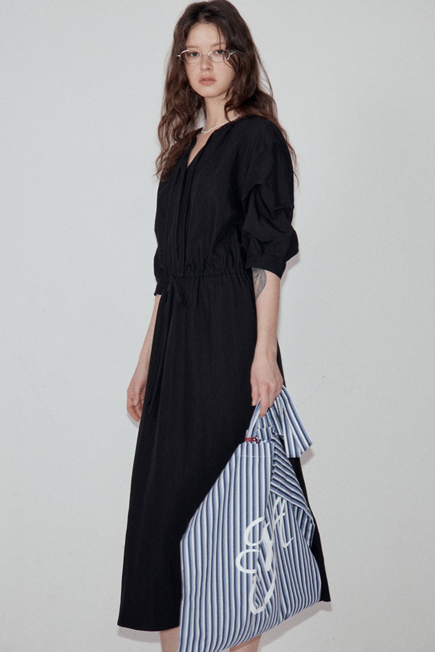 V-Neck Pleated Sleeve Dress