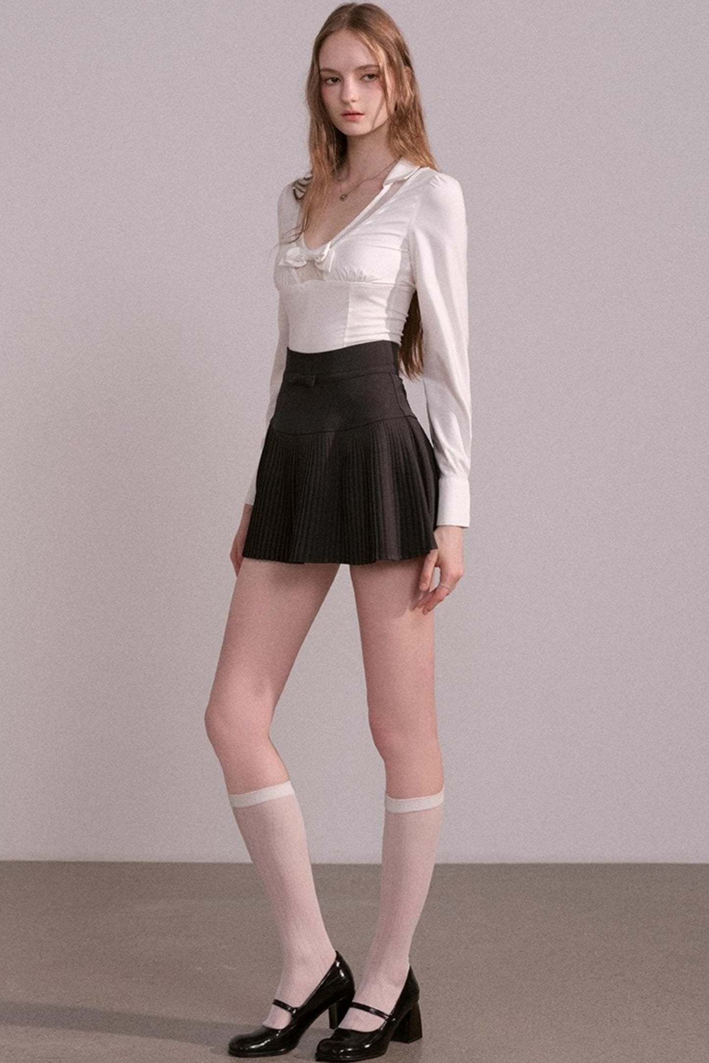 Bow V-Neck Long Sleeve Shirt Set-Up