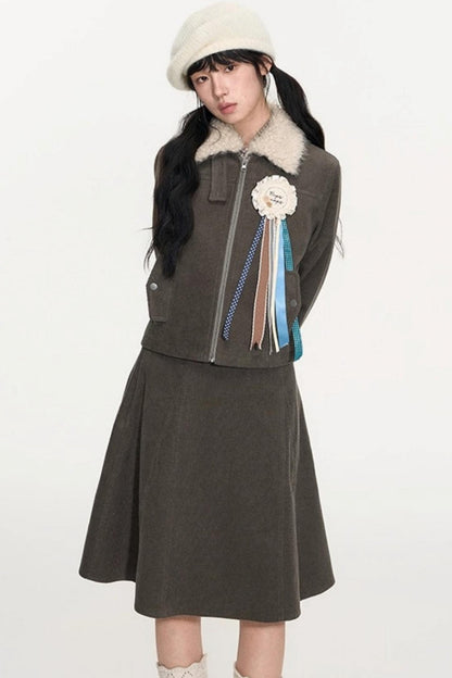 Vintage Fur Collar Jacket With Skirt Set-Up