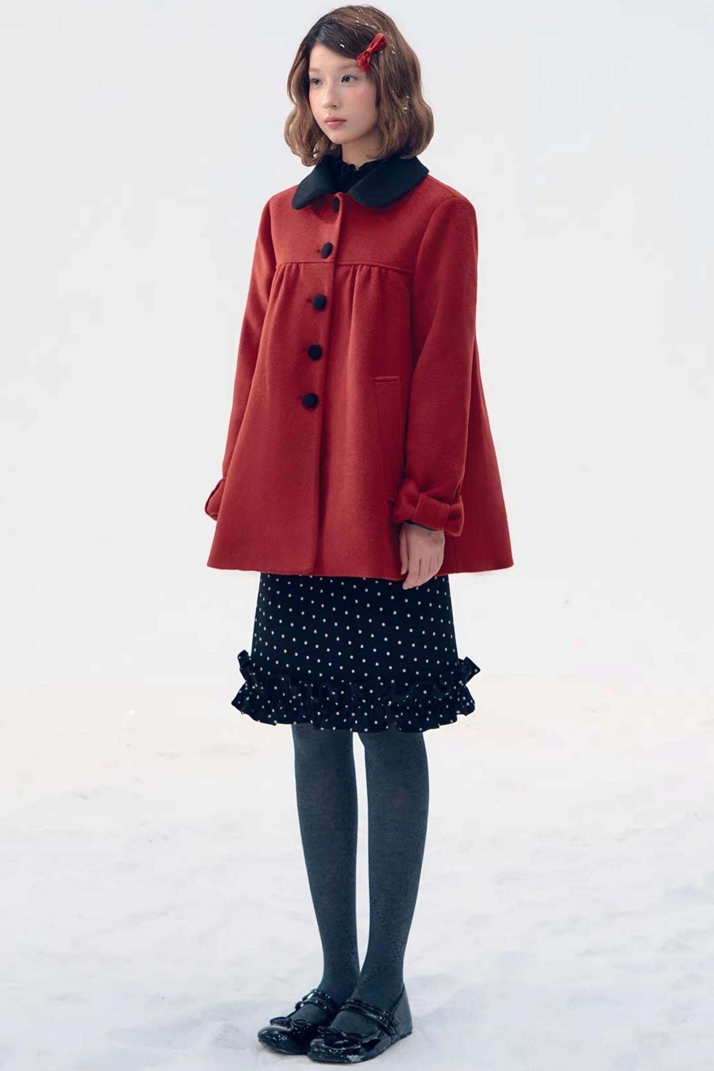 Red Woolen Doll Collar Coat