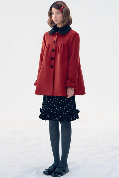 Red Woolen Doll Collar Coat