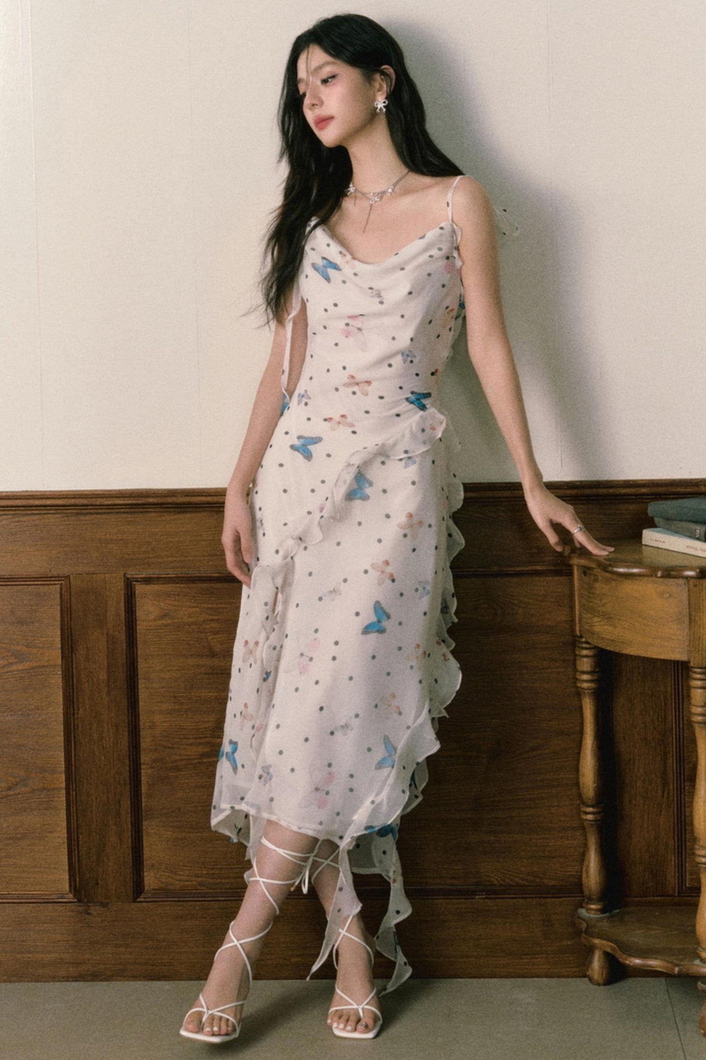 Butterfly Floral Halter Chiffon Maxi Dress