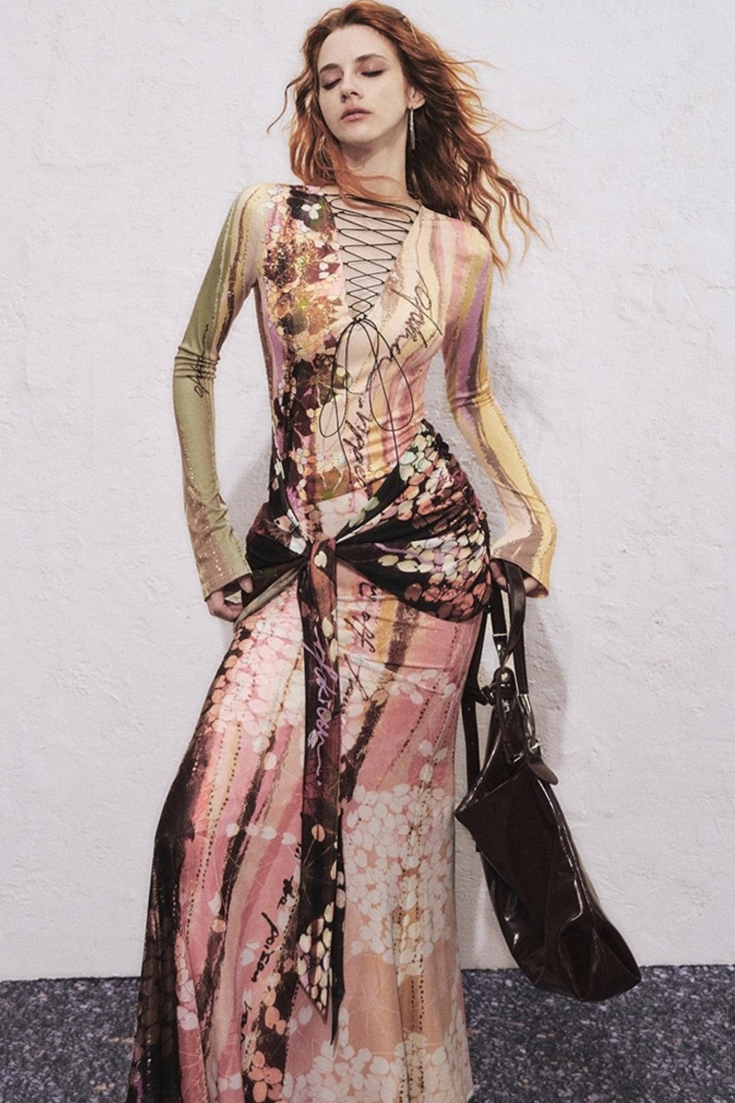 Lotus Print Fake Two-Piece Mermaid Dress