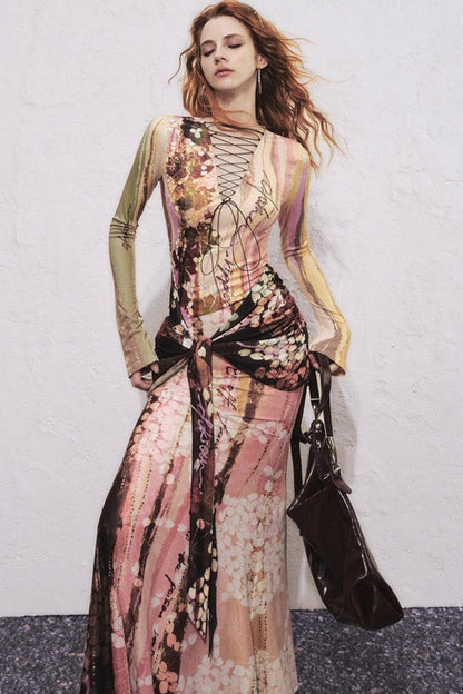 Lotus Print Fake Two-Piece Mermaid Dress