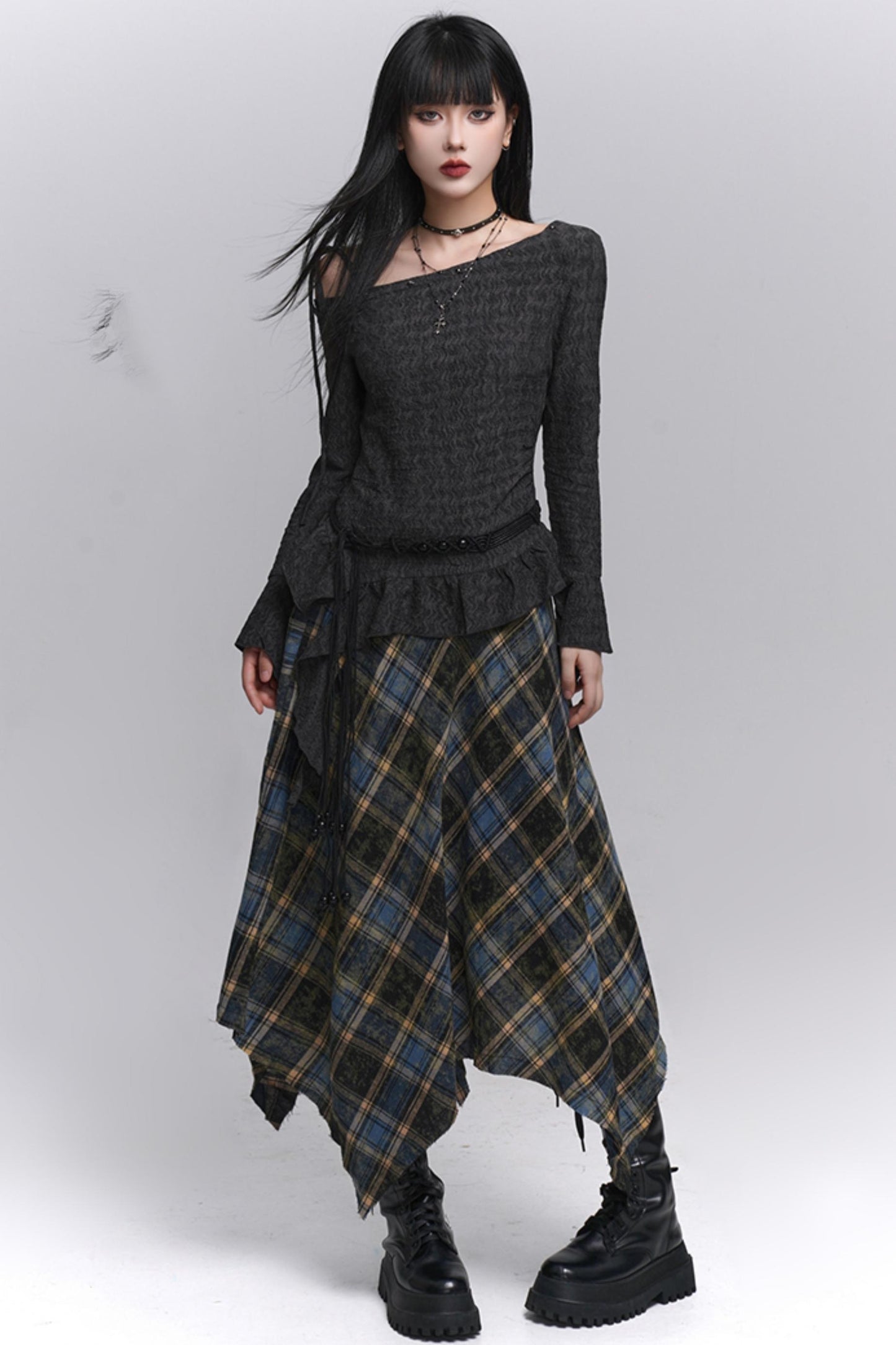 Beautiful Blue Plaid A-Line Skirt & Belt Set