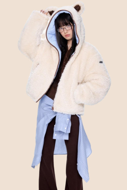 Ear-Flap Striped Faux Shearling Jacket