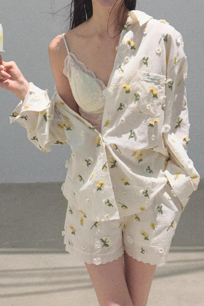 Flowers Cotton Embroidered Casual Shirt Set-Up