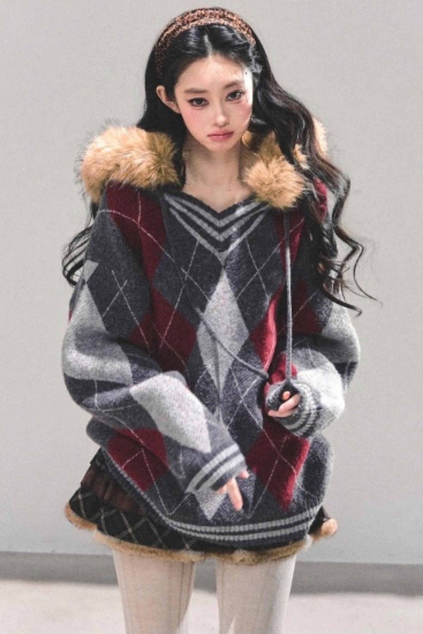 American College Style Fur Collar Sweater