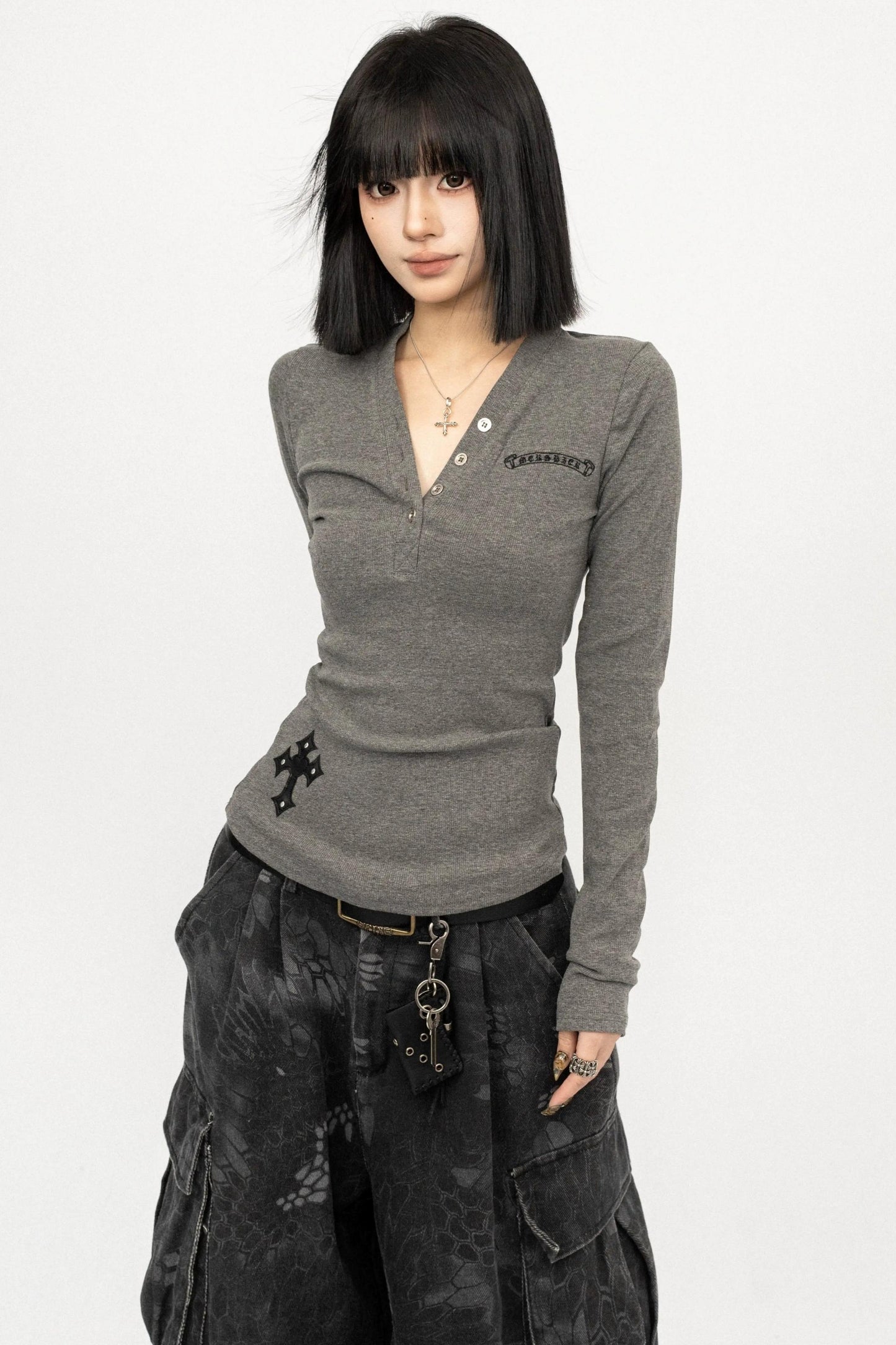 Retro V-Neck Letter Top