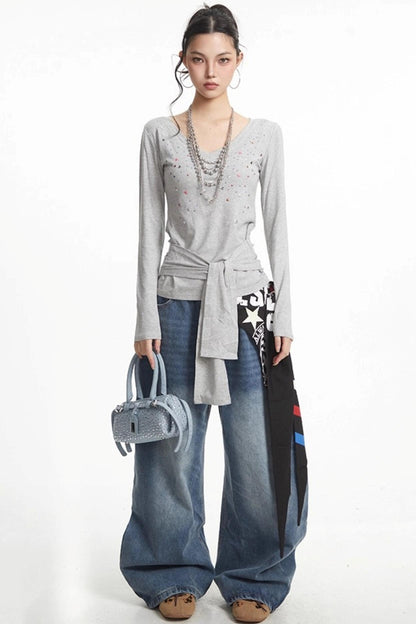 White Hot Girl V-Neck Long Sleeve T-Shirt