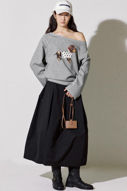 Puppy Print Slanted Shoulder T-shirt