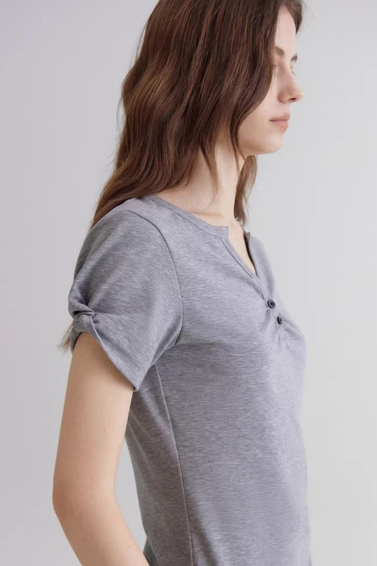 Gray V-Neck Waist-Cinching Top