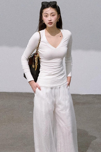 Shimmer Cotton High Waist Wide-Leg Pants