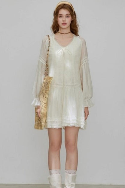 Lyocell Tencel V-Neck A-Line Short Dress