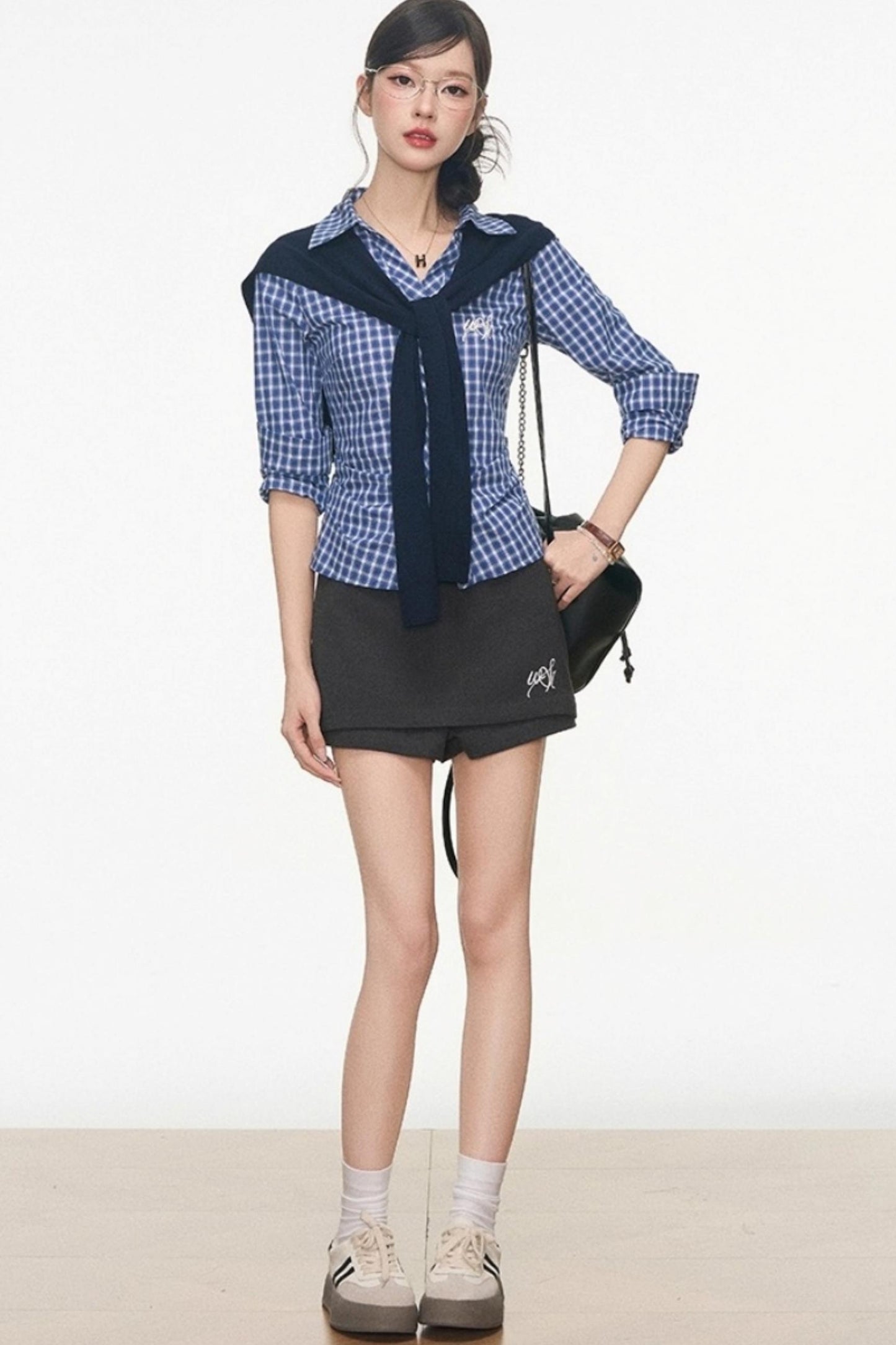 Slim Plaid Shirt & Short Skirt Set-Up